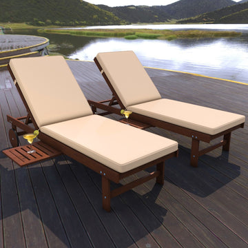 Seabrook Outdoor Acacia Wood Lounger with Cushion, 5-Position Back, Slide Table & Wheels - JONATHAN Y